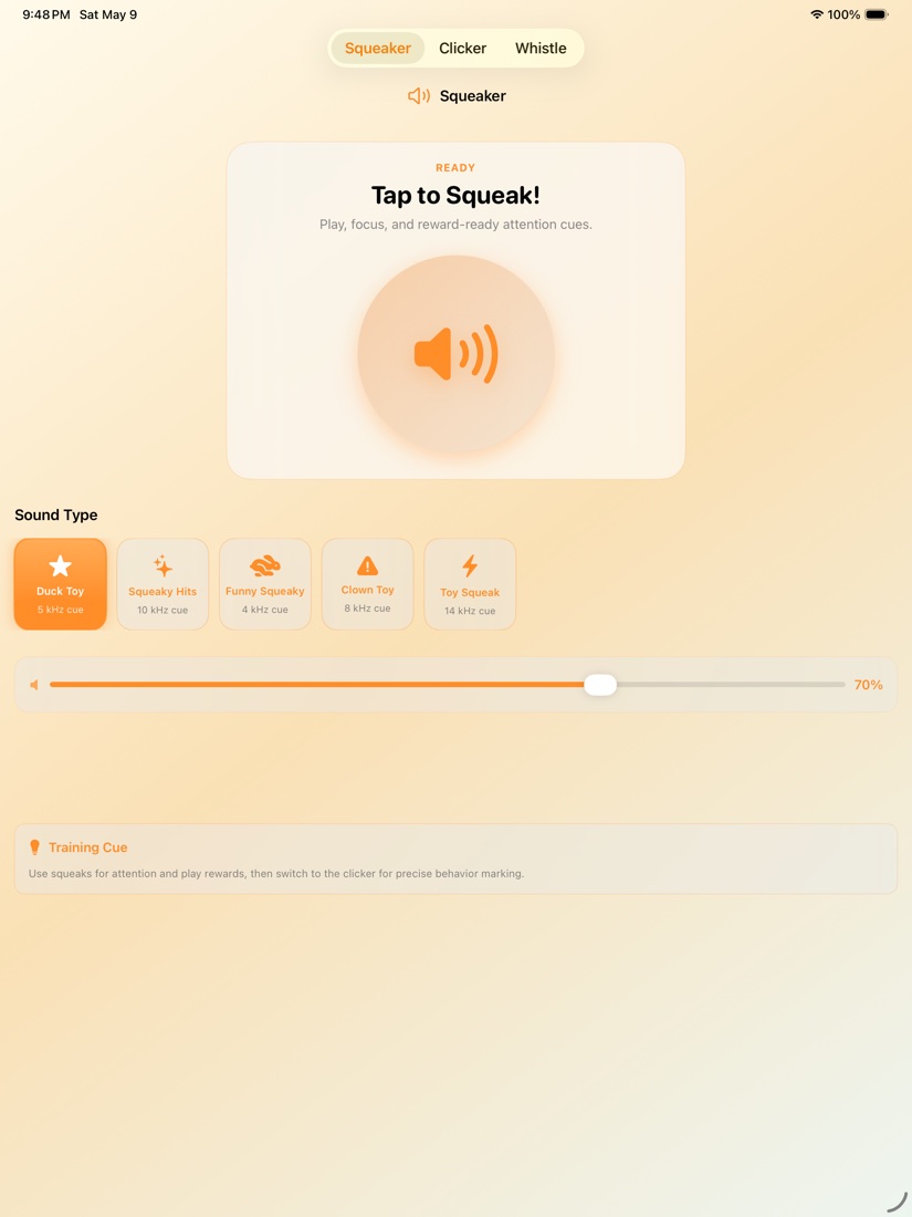 Squeaker running on iPad with large dog-training sound controls