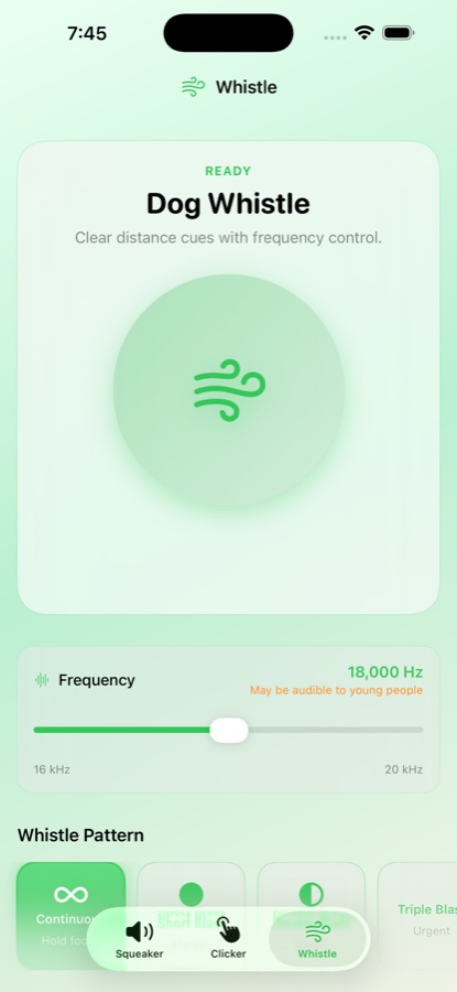 Whistle mode with adjustable frequency controls